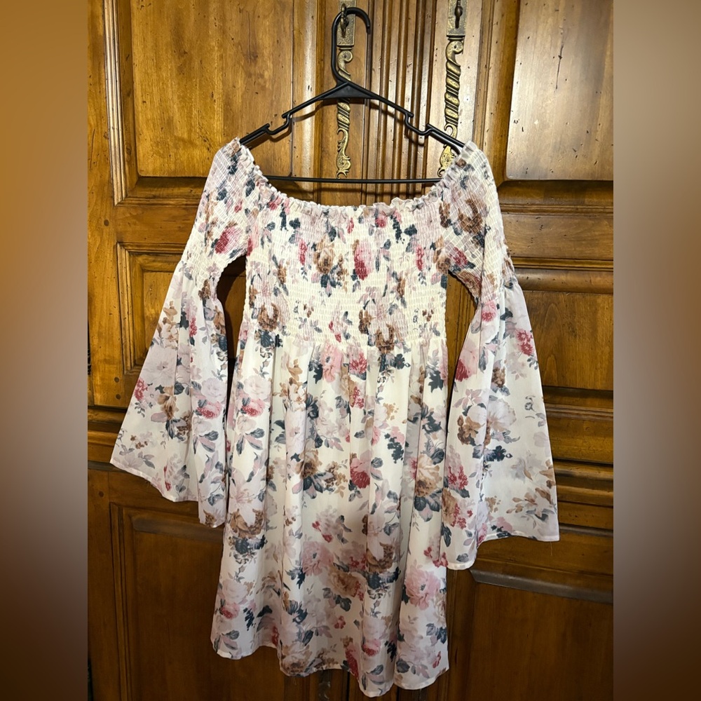 Floral Off-Shoulder Bell Sleeve Women's Dress - Cream Pink